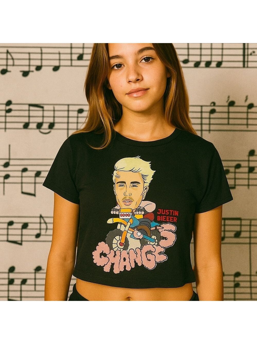 BP Justin Bieber Graphic Crop Top Baby Tee Black Medium - Picture 12 of 12